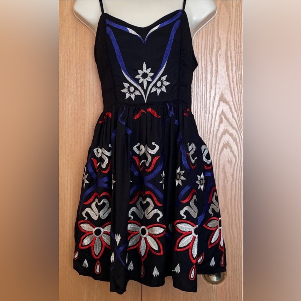 Free People Black Mini Dress with Red, Blue & White Embroidery